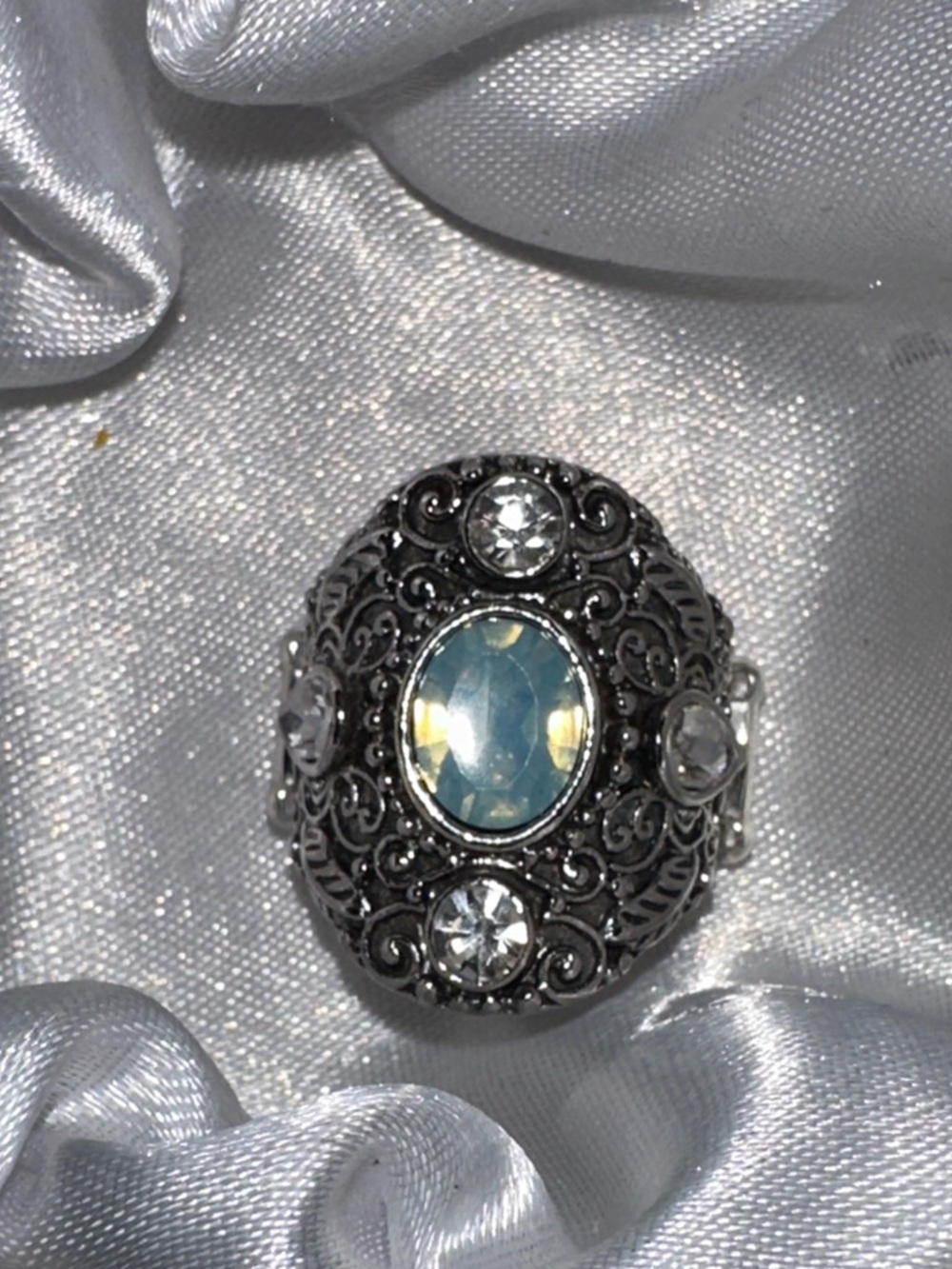 Sterling-Style Silver Filigree Ring with Blue Gemstone
